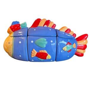 Vintage Coco Dowley Ceramic Colorful Fish 3 Piece Canister Set